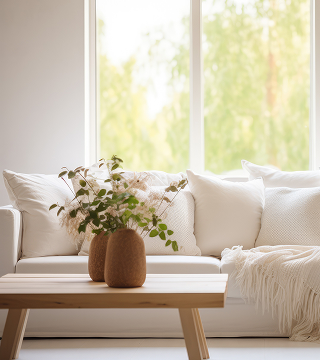 Minimalist living room with a white sofa adorned with cushions and a throw blanket, and two brown vases with green leafy plants on a wooden coffee table.