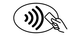Icon of a hand holding a card near a contactless payment symbol.