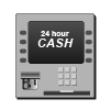 ATM machine with screen displaying '24 hour CASH' and keypad below.