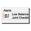 Alerts box showing a low balance notification for a joint checking account dated Jan 4, 2017.
