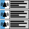 Three horizontal podcast or audio post listings with speaker icons and text placeholders on a gray background.