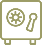 Icon of a safe with a combination lock dial and handle.
