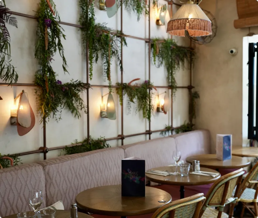 Terrasse de restaurant avec murs végétalisés et lumière douce
