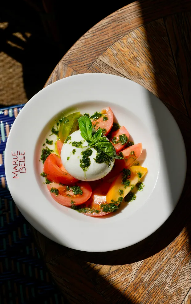 Assiette de salade méditerranéenne aux tomates et basilic frais