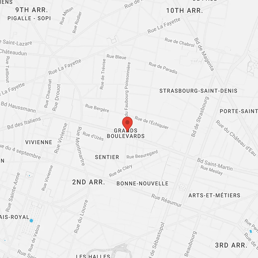 Carte minimaliste indiquant l’emplacement près des Grands Boulevards à Paris avec un repère rouge