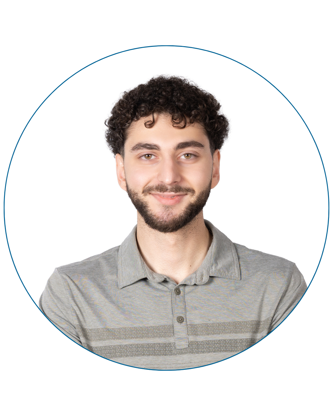 Smiling young man with curly hair and a beard wearing a gray striped polo shirt, on a white background in a circular frame.