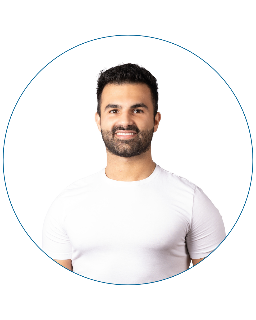 Smiling man with short black hair and beard wearing a white t-shirt against a white background.