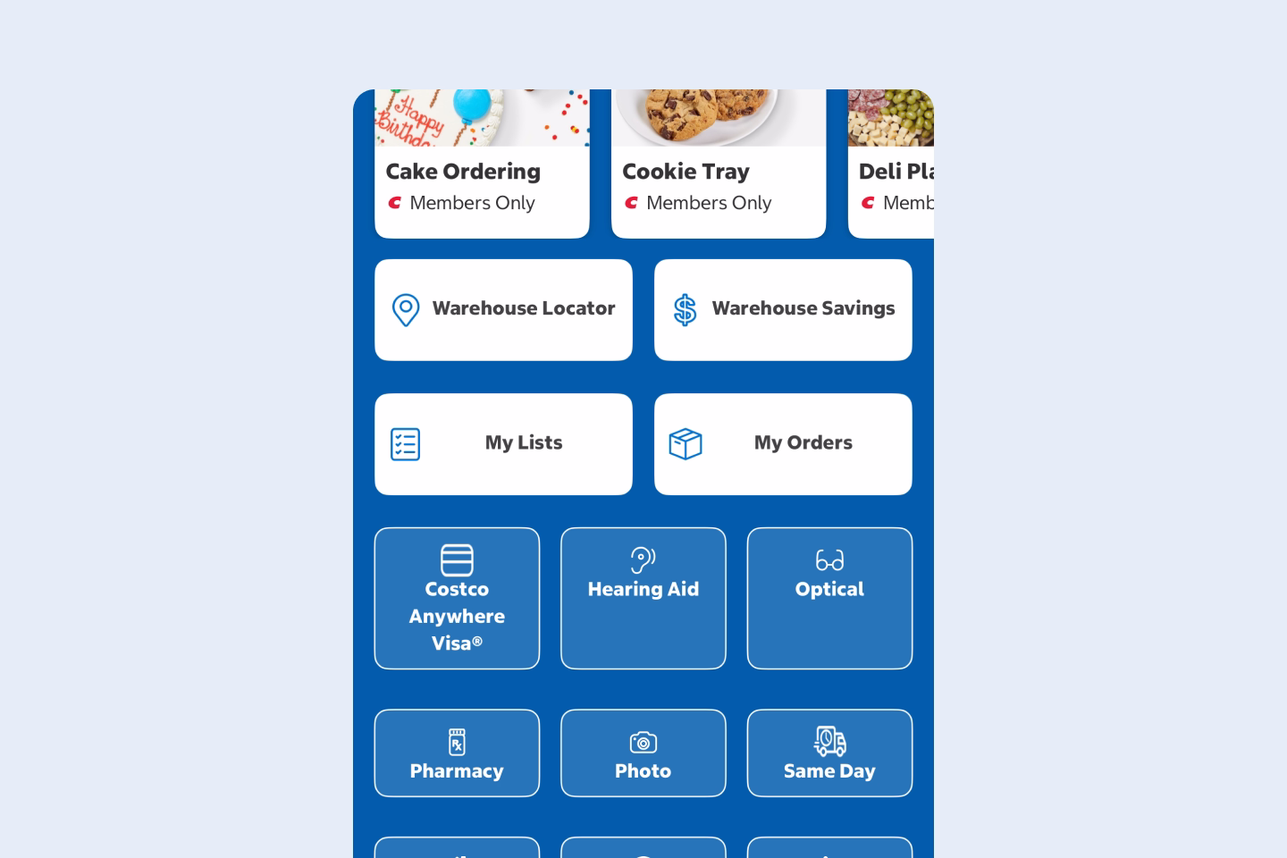 Warehouse screen on Costco app