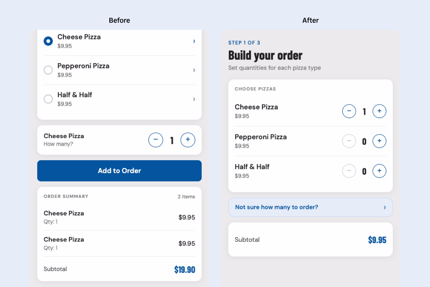 Before and after of ordering screen in Costco Pre-Order Pizza prototype