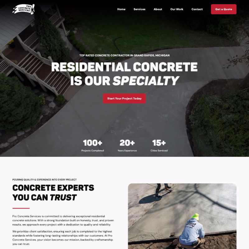 Previous hero section of home page on the Pro Concrete Services website.
