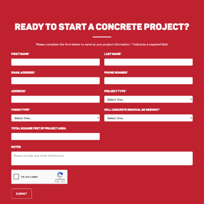 Previous estimate form on Pro Concrete Services website