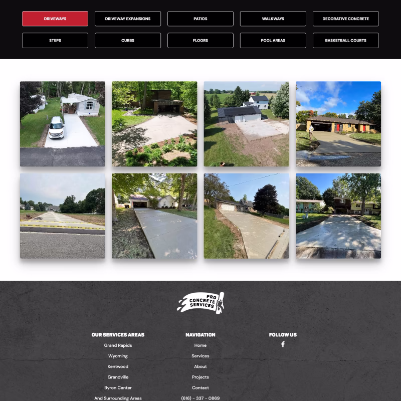 Previous our work section on Pro Concrete Services website shown as tabs with project thumbnails