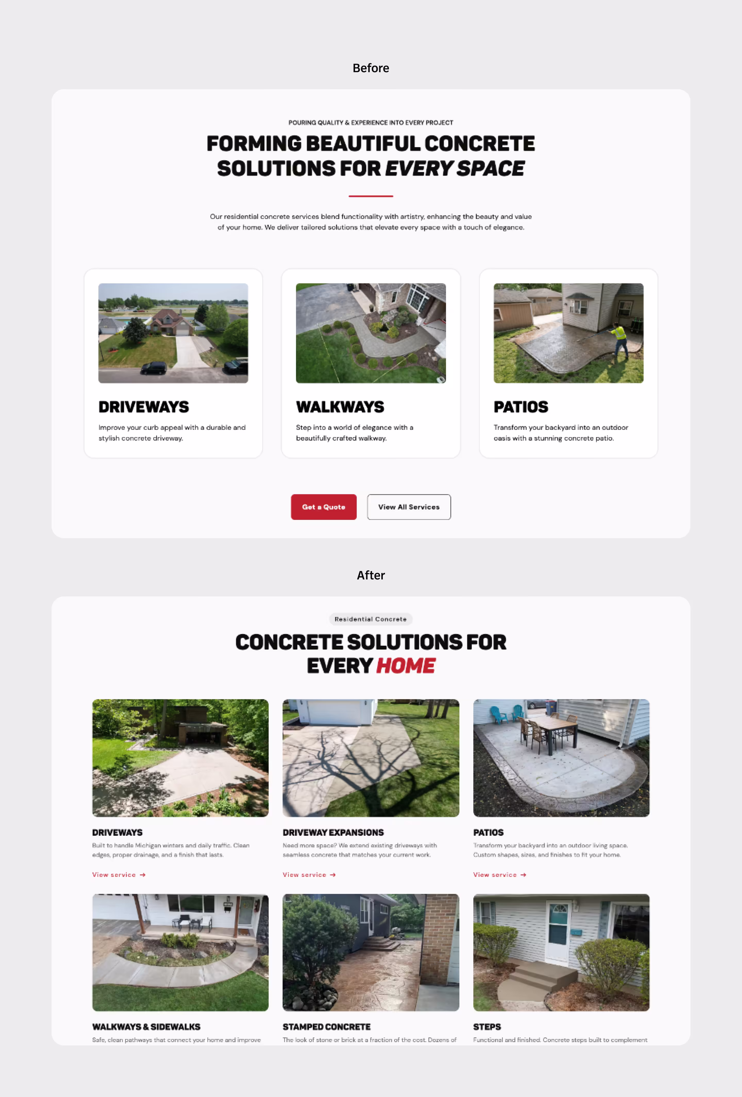 Before and after of service cards section on home page of Pro Concrete Services website