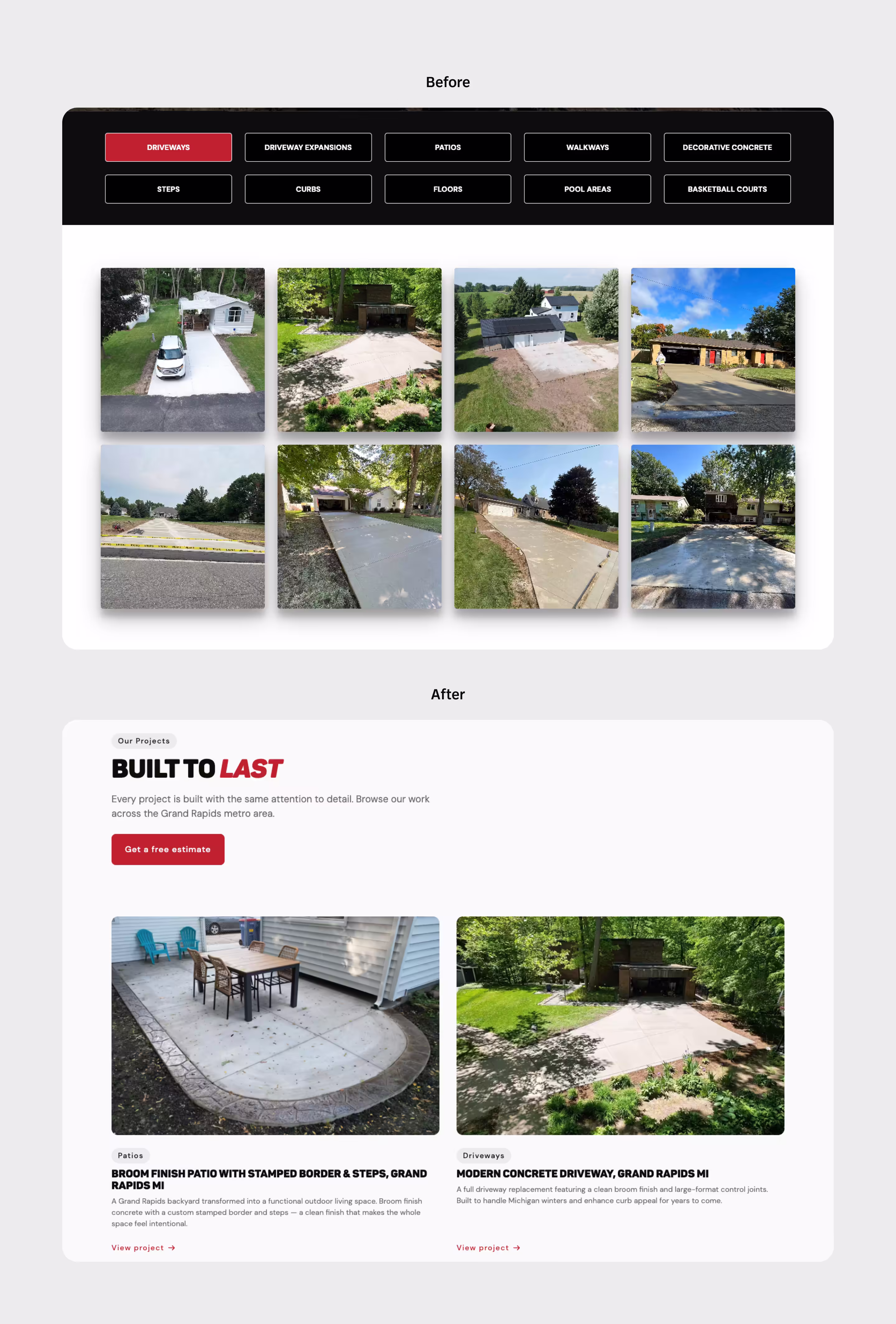Before and after of project cards on projects page of Pro Concrete Services website
