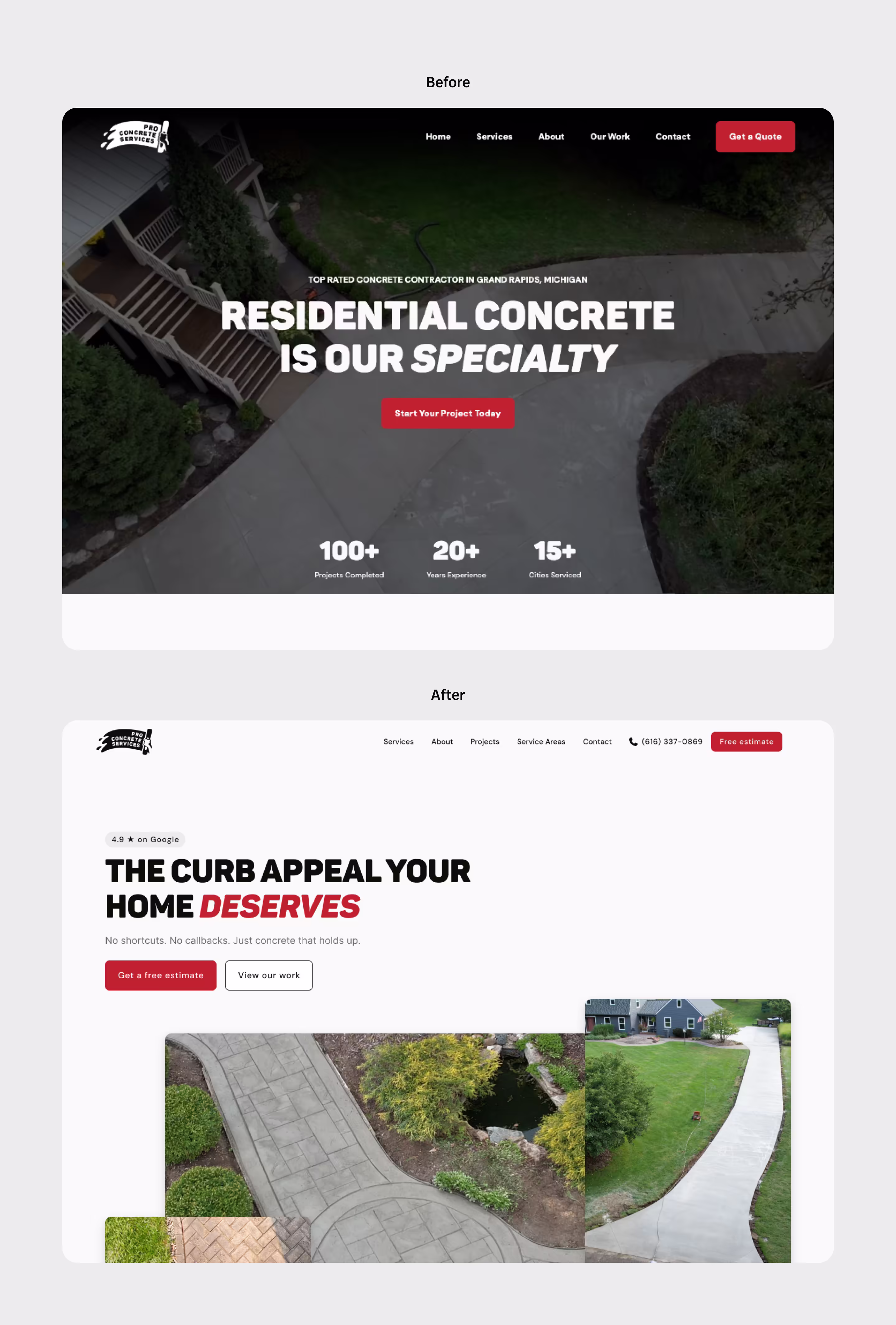 Before and after of hero section on home page of Pro Concrete Services website