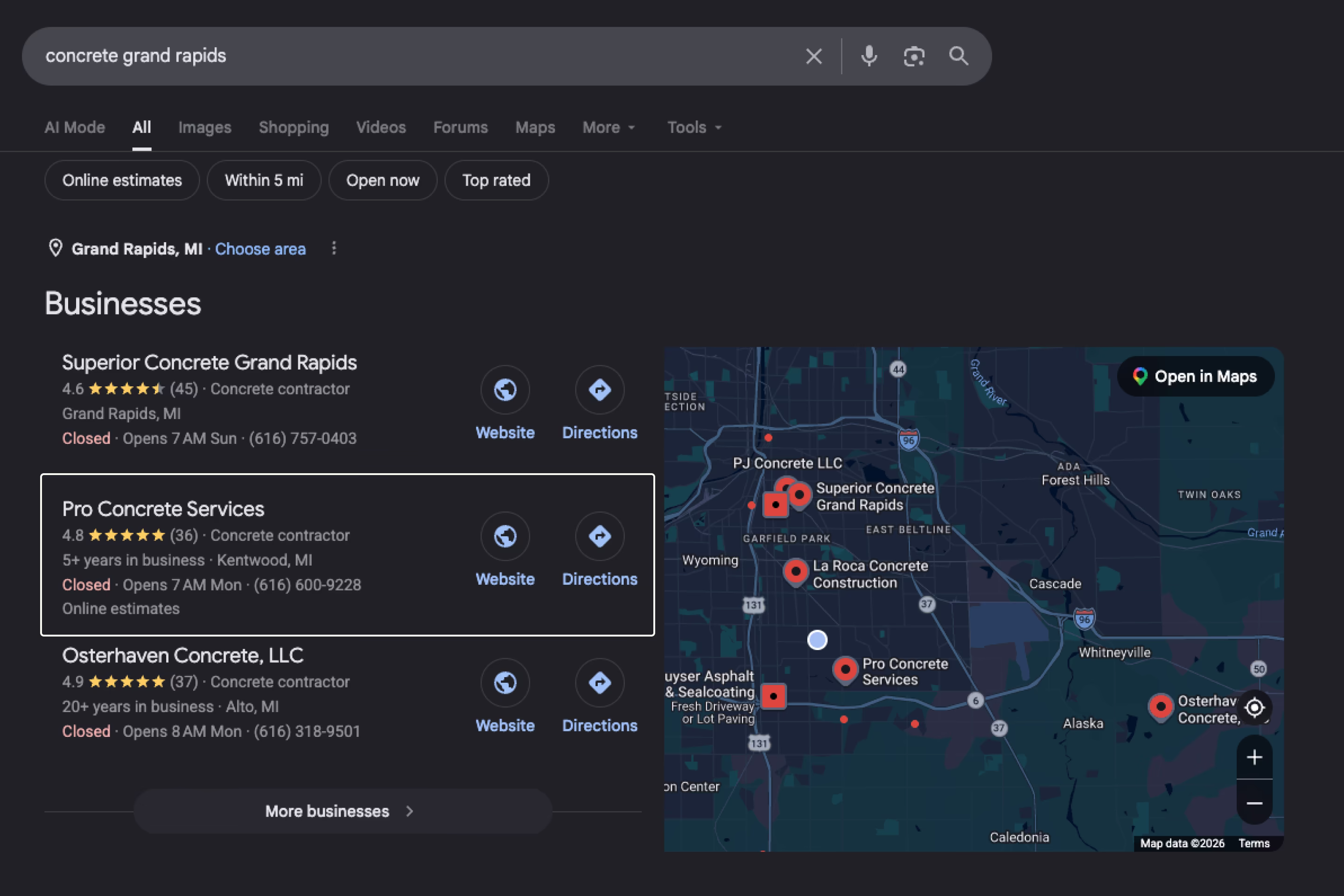 Google results of searching concrete grand rapids, showing Pro Concrete Services second in the business map pack