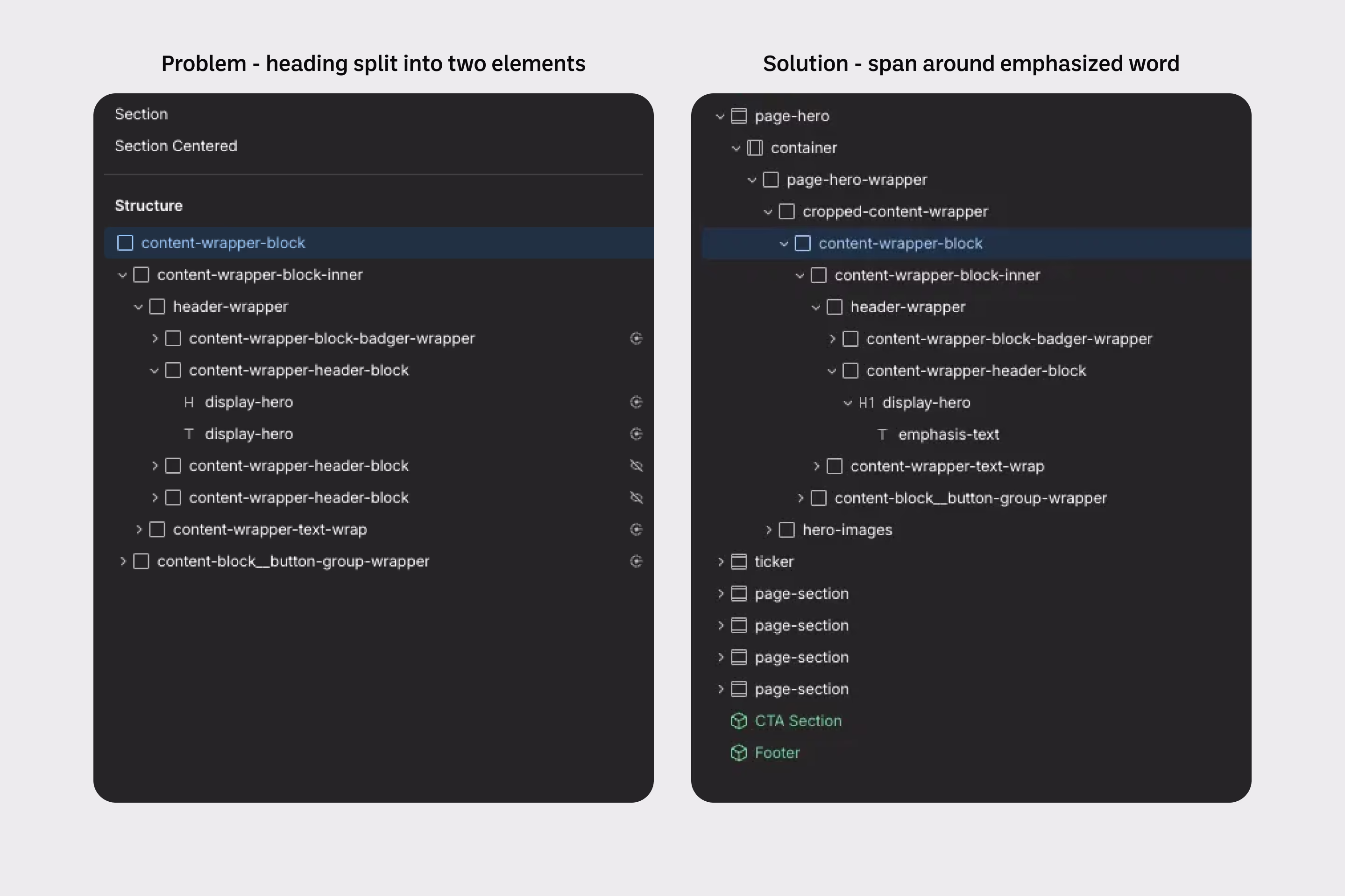 Side by side of content block component comprised of badge, header, and button elements. Left shows structure with incorrect heading setup, and right shows solution where heading contains a span.