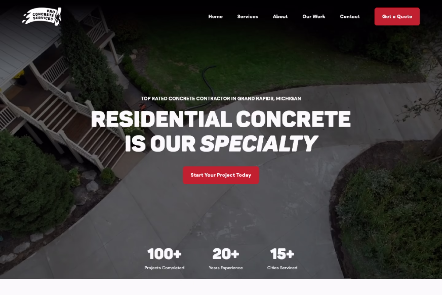 Previous hero section of home page on the Pro Concrete Services website.