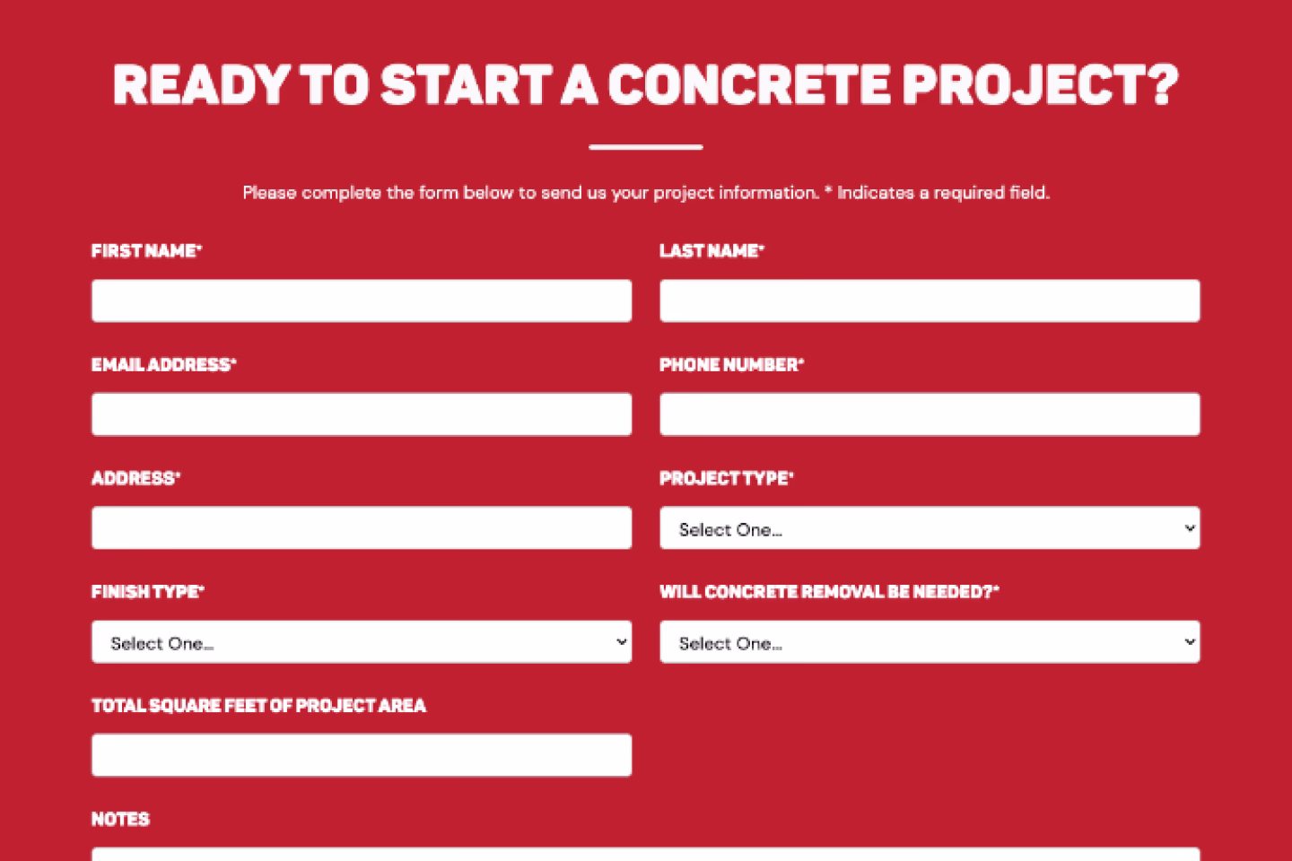 Previous estimate form on Pro Concrete Services website
