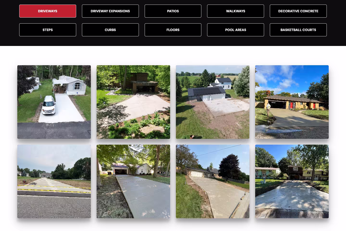 Previous our work section on Pro Concrete Services website shown as tabs with project thumbnails