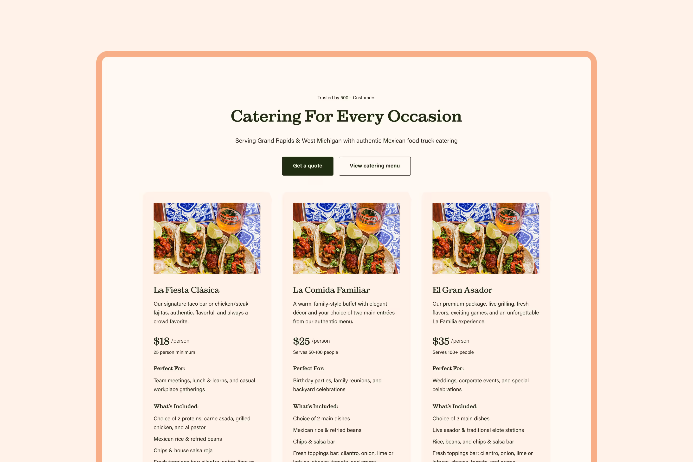 Catering packages section of Kitchen La Familia website