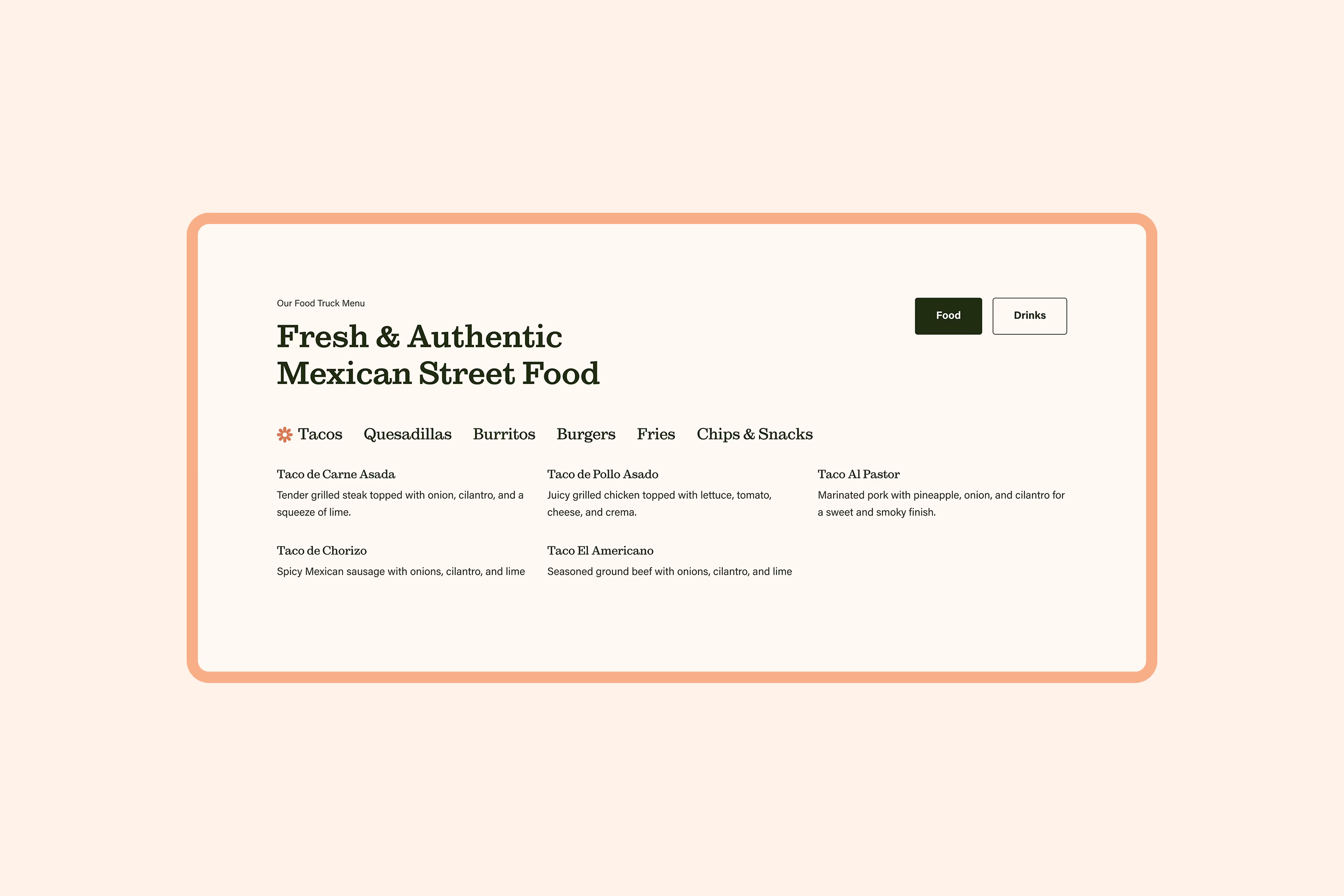 Food truck menu section of Kitchen La Familia website