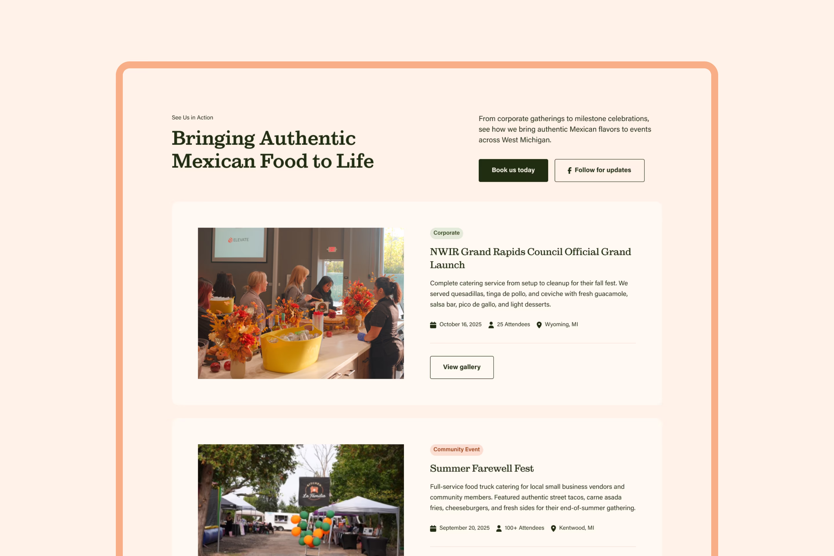 Recent events section of Kitchen La Familia website
