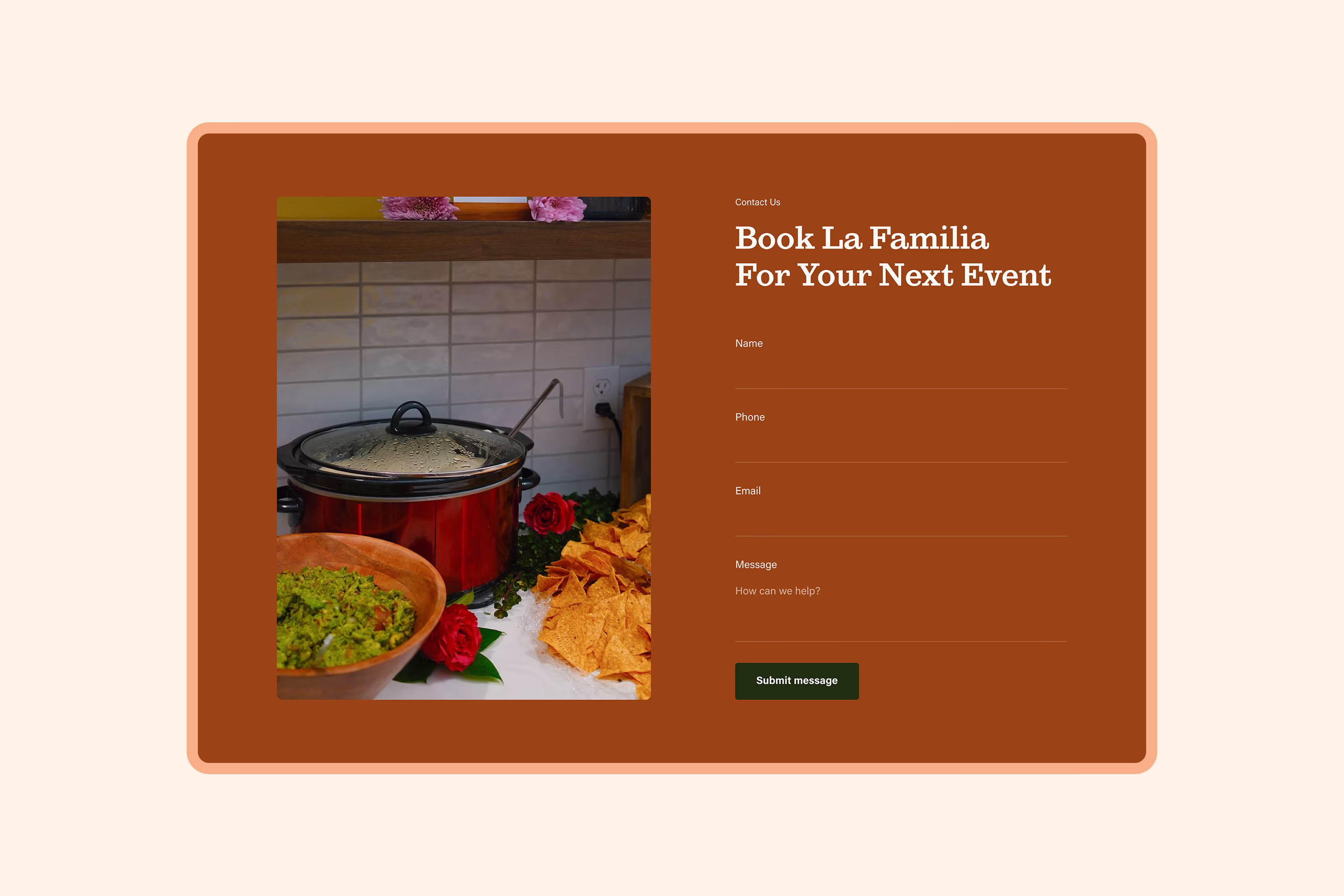 Contact section of Kitchen La Familia website