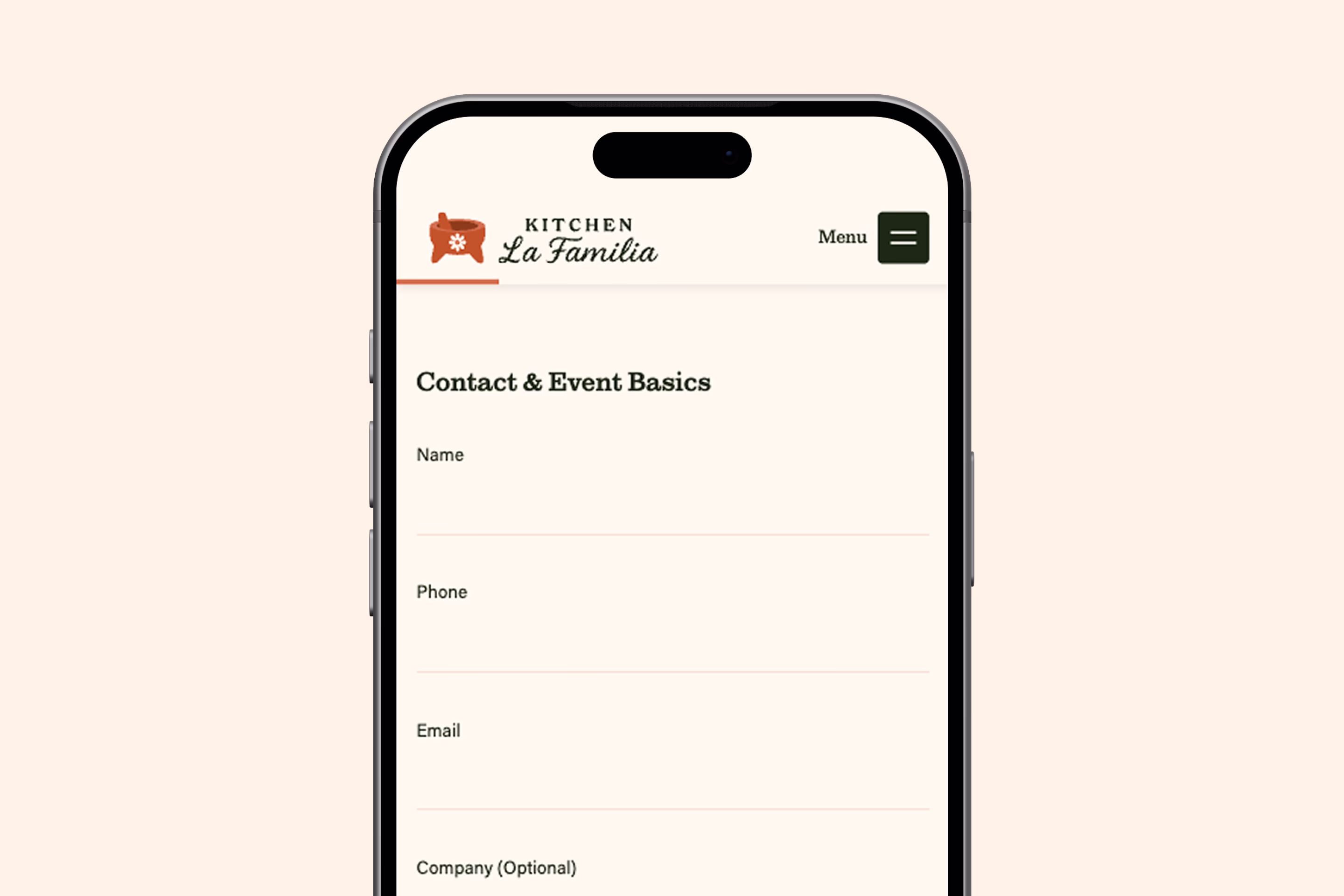 Catering form of Kitchen La Familia website
