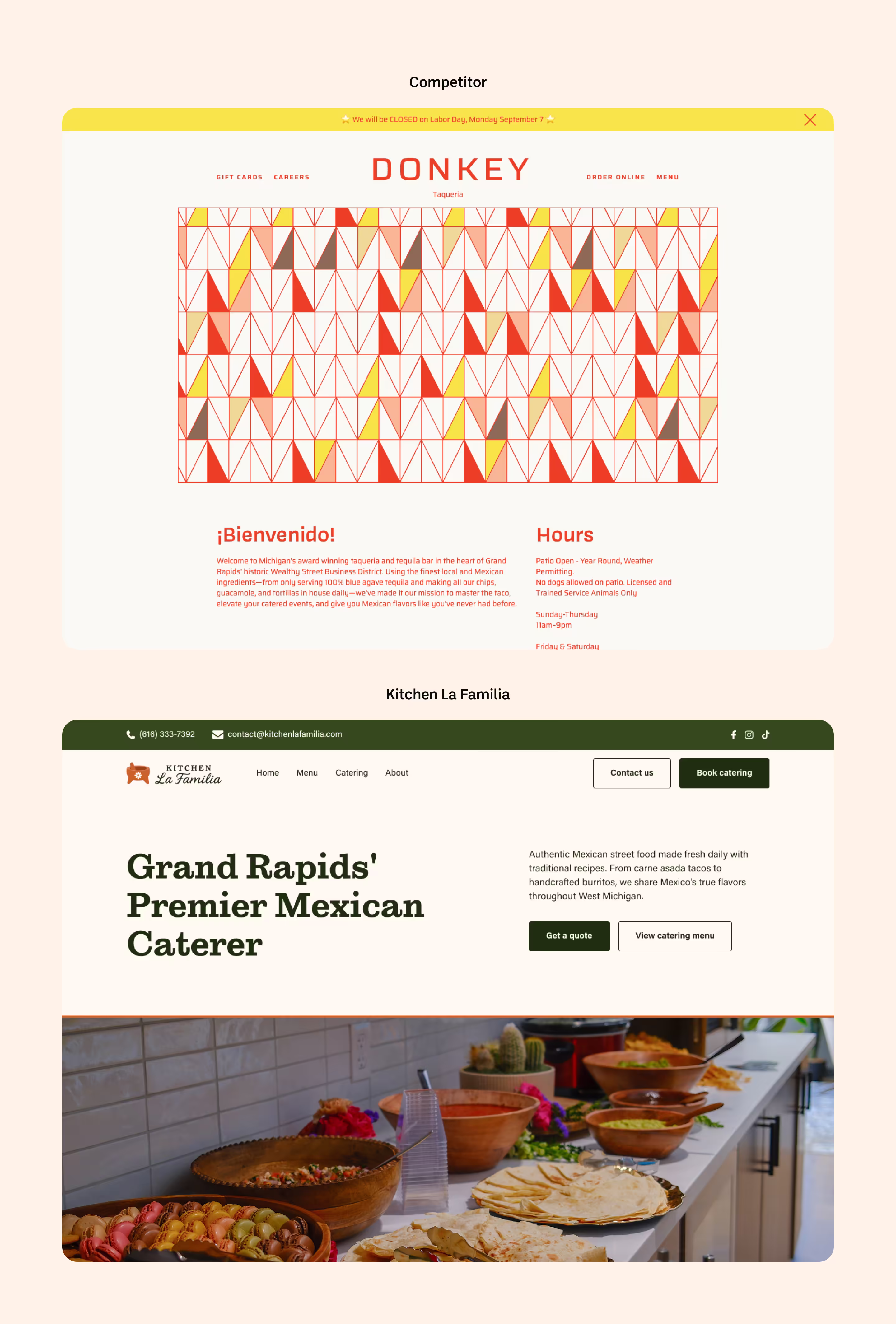 Navigation comparison of Donkey Taqueria, local competitor, vs Kitchen La Familia