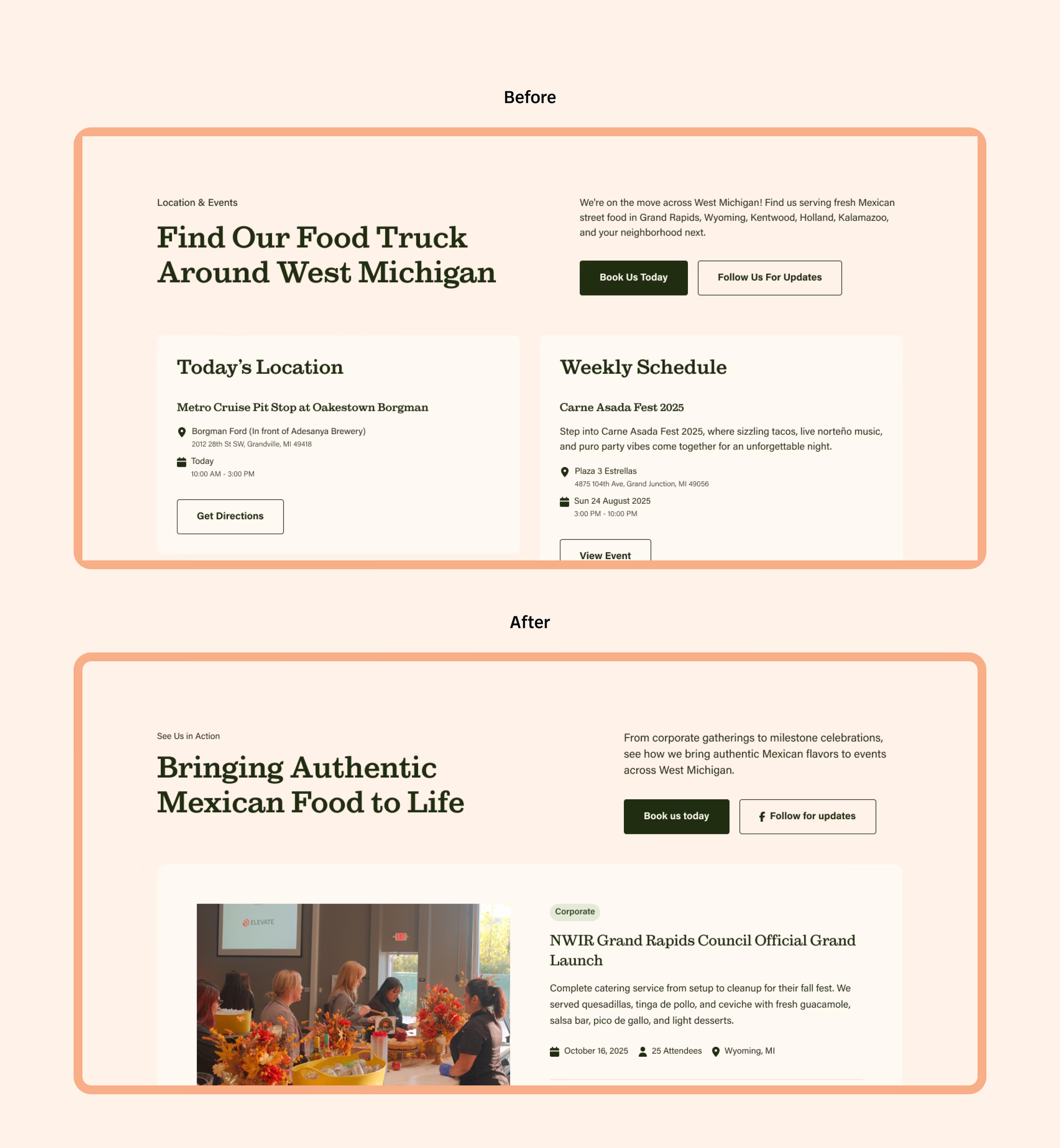 Before and after of events section on Kitchen La Familia website.