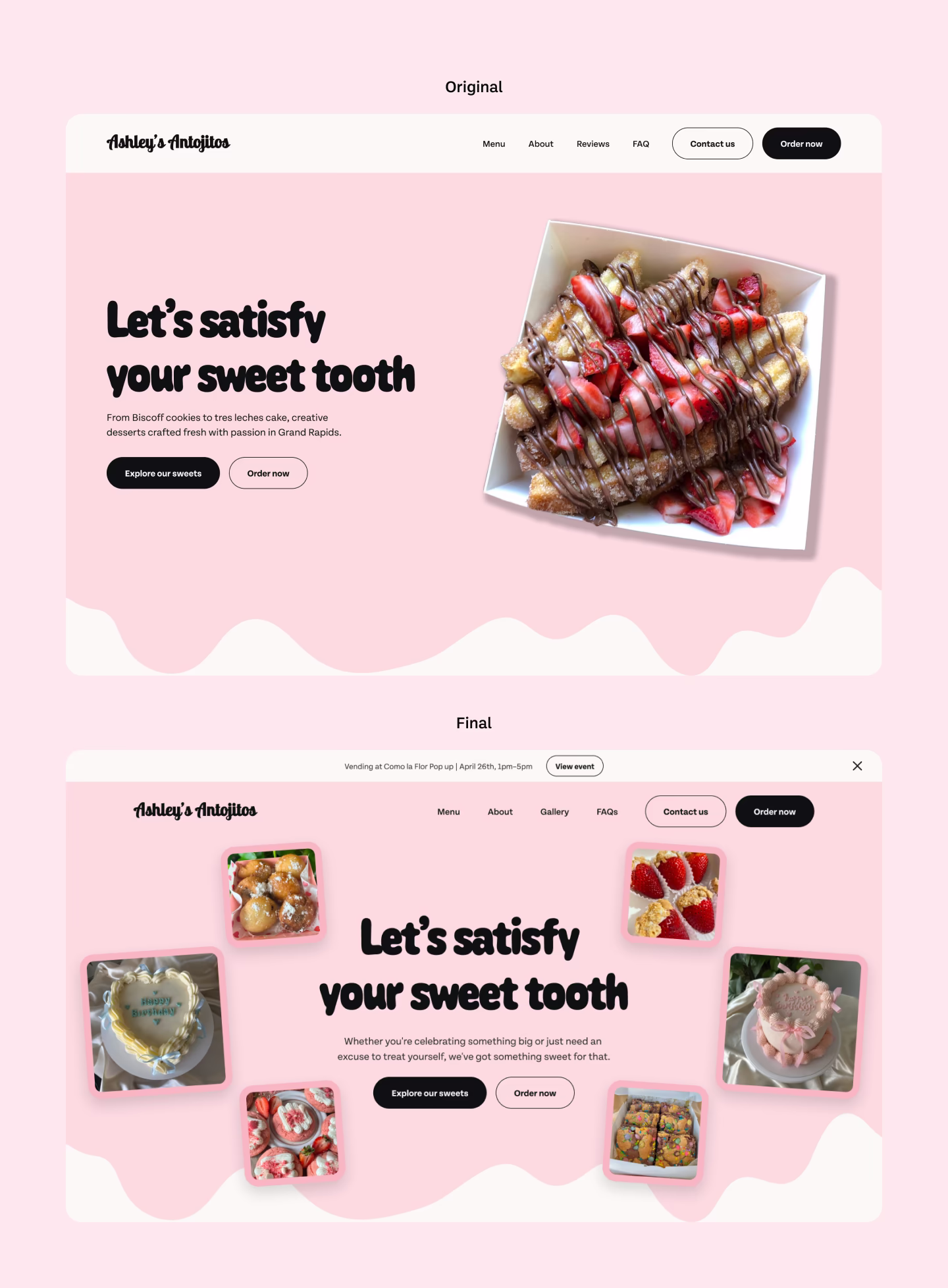 Comparison of original hero of Ashley's Antojitos website vs final