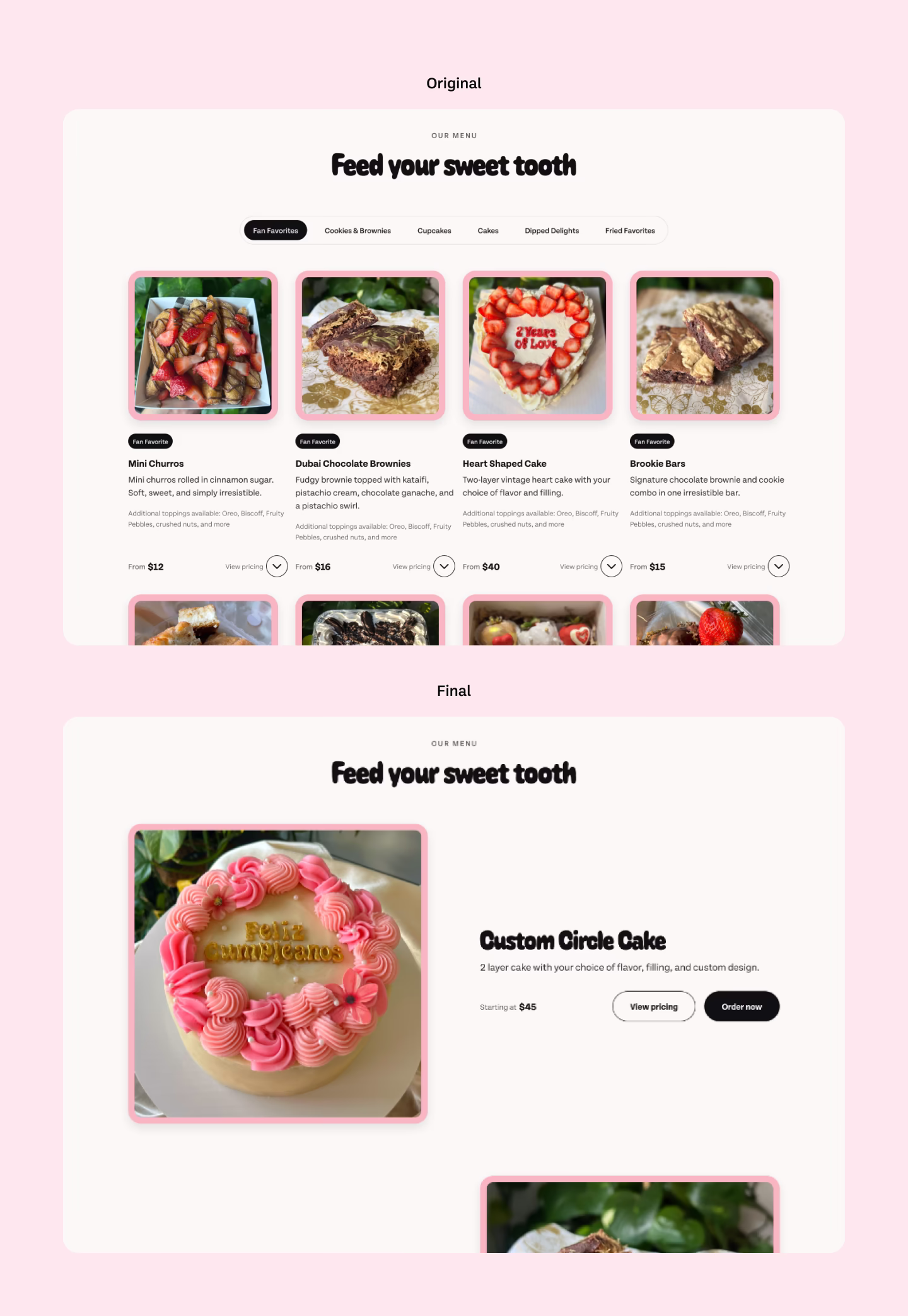 Comparison of original menu section of Ashley's Antojitos website vs final