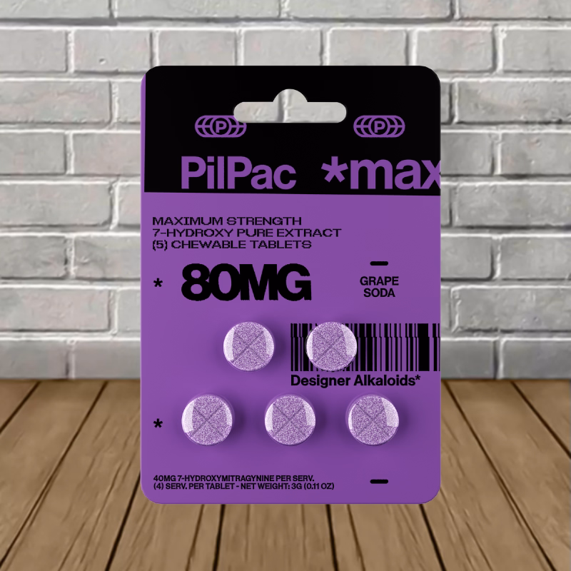 PilPac Max Strength 7-Hydroxy Tablets 80mg pack a serious punch for stress relief, focus, and relaxation. Each chewable delivers a clean, natural 80mg dose—no fillers, no mystery chemicals. Just fast-acting, pure extract you can trust. With four easy-split servings per tablet, you can dial in your perfect dose for day or night.