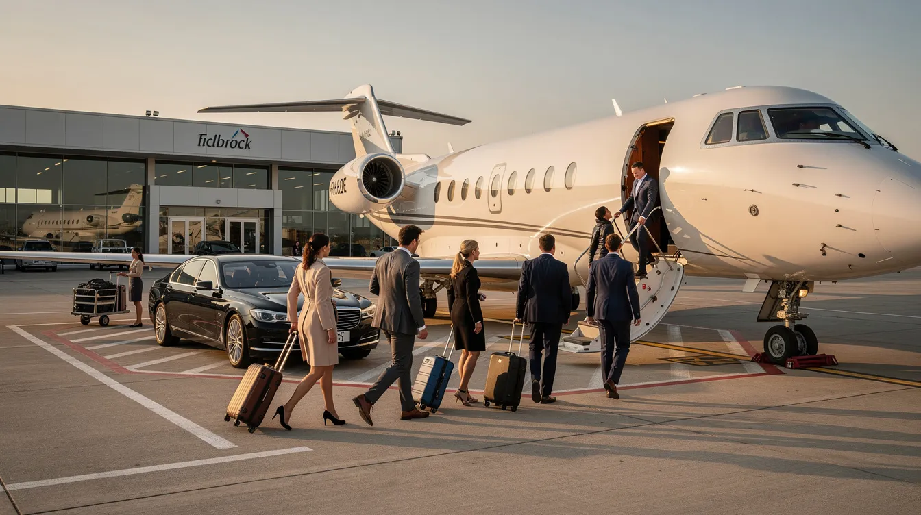 A group of corporate executives is seen boarding a spacious 12-seater private jet at a quiet private terminal, highlighting the luxurious experience of private aviation. The scene captures the convenience and exclusivity of private jet travel, as well as the ongoing expenses associated with private jet ownership.