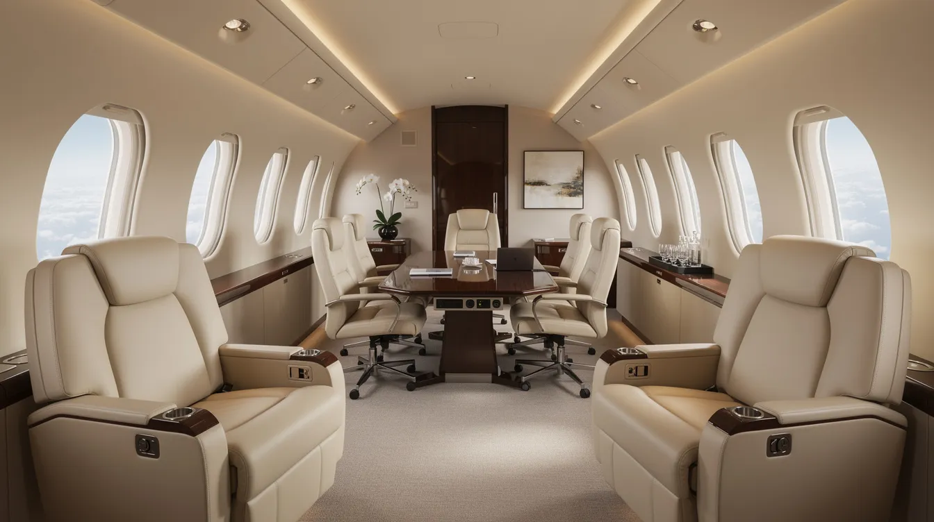 The image depicts the interior of a spacious 12-seater private jet cabin, featuring luxurious club seating arranged around a central conference table. The design emphasizes comfort and functionality, ideal for corporate executives or private jet travel, with ample natural light enhancing the elegant atmosphere.