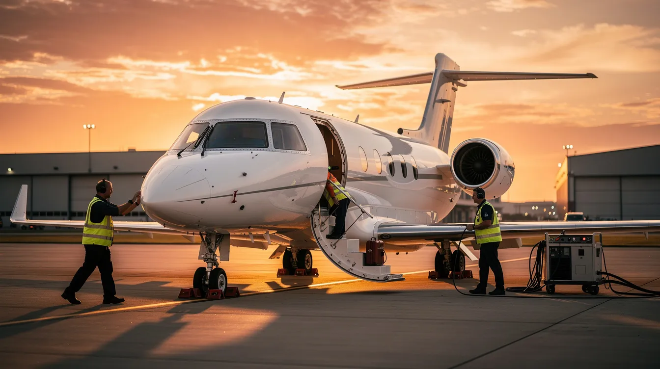 The image depicts a private aviation crew preparing a large 12-seater private jet on the ramp at sunset, with the vibrant colors of the sky reflecting off the aircraft's polished surface. The crew is engaged in pre-flight checks, emphasizing the meticulous attention required for private jet travel.