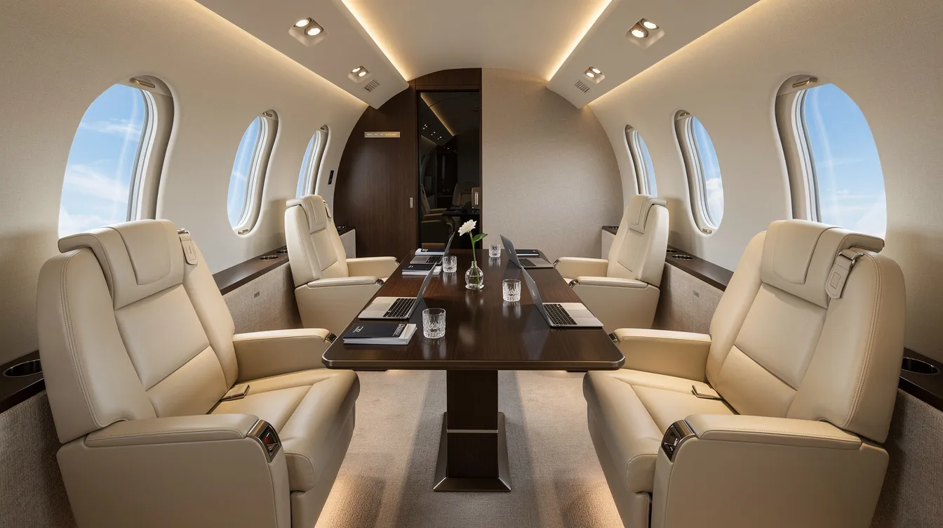 The image depicts a luxurious private jet cabin specifically arranged for a business meeting, featuring comfortable seats facing each other to facilitate conversation. This spacious cabin exemplifies the elegance of private aviation, offering a premium travel experience for clients and passengers alike.