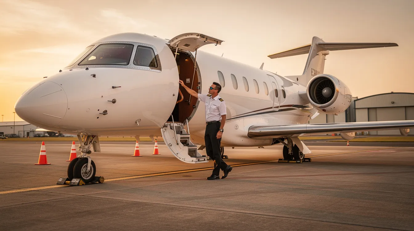 A pilot conducts a preflight inspection next to a private aircraft on the ramp, ensuring all systems are ready for the upcoming flight. The scene highlights the meticulous attention to detail involved in private aviation, emphasizing the importance of safety before embarking on private jet travel.