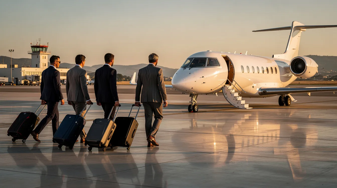 A group of executive passengers is walking toward a private jet at a quiet regional airport, ready for their private flight. The scene captures the elegance of private aviation, highlighting the luxurious travel experience away from the hustle of commercial flights.