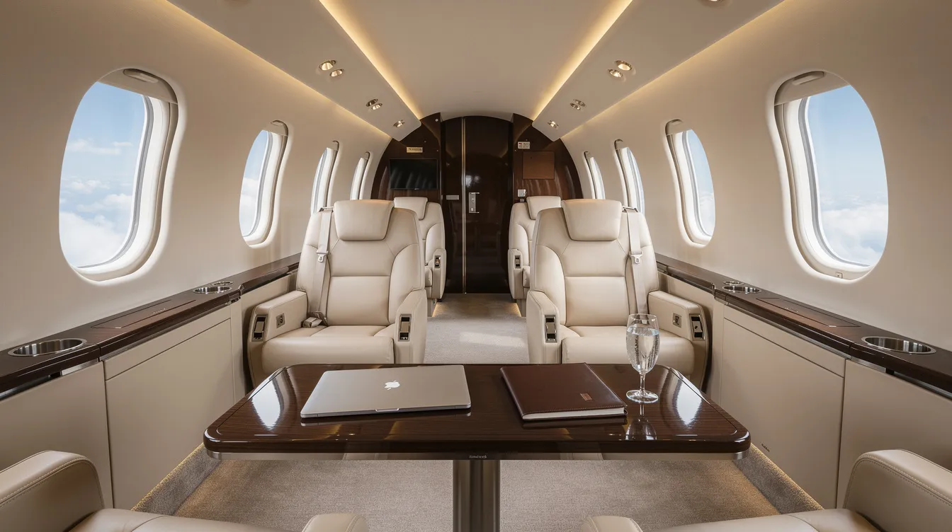 The image depicts a luxurious private jet cabin featuring spacious seating arrangements and a stylish work table, designed for discerning travelers seeking comfort and convenience during their private jet travel. This elegant space highlights the personalized service and amenities offered by private jet charter services.
