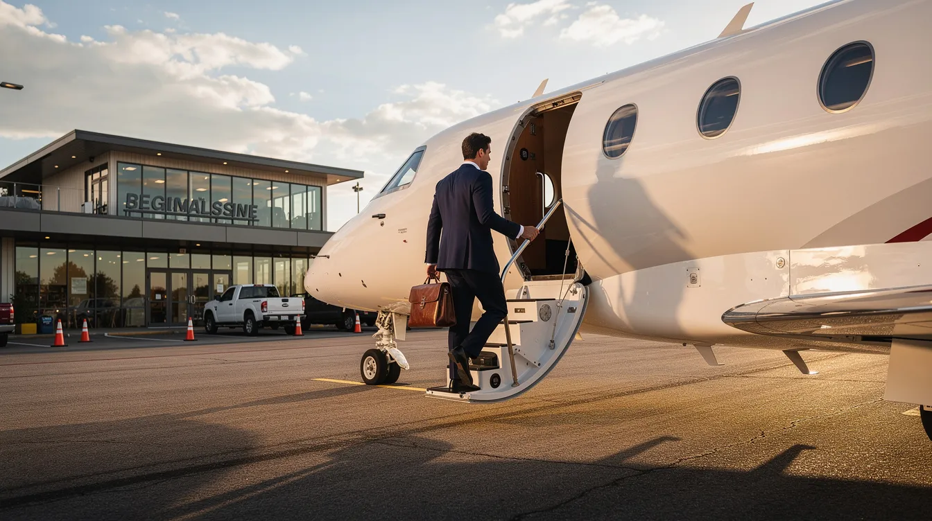 An executive is seen boarding a private jet at a small airport terminal, showcasing the convenience of private aviation for discerning travelers. The scene highlights the personalized service and flexibility of private jet charter services, emphasizing a luxurious travel experience.
