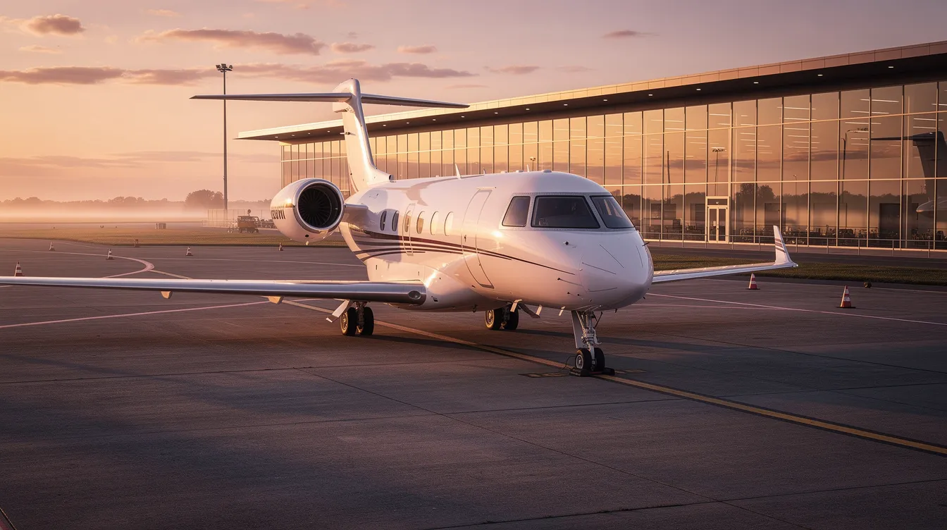 A private jet is parked near a quiet terminal, bathed in the warm light of sunrise, symbolizing the luxury and convenience of private jet travel. This serene scene highlights the personalized service and flexible scheduling options offered by private jet charter services for discerning travelers.