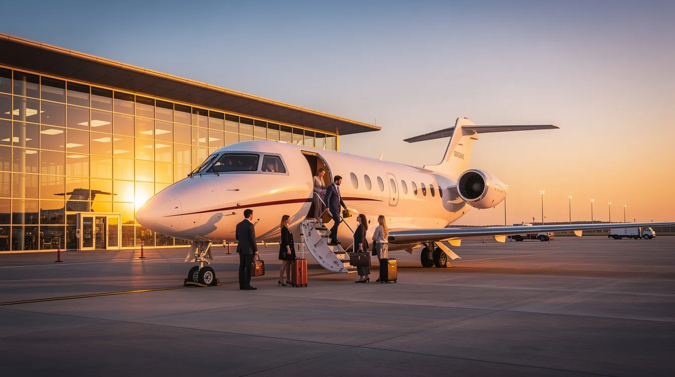 A private jet is parked near a modern terminal at sunrise, where travelers are boarding calmly, ready for their private air travel experience. The serene atmosphere highlights the convenience and luxury of private jet charter services, making it an ideal choice for business executives and leisure travelers alike.