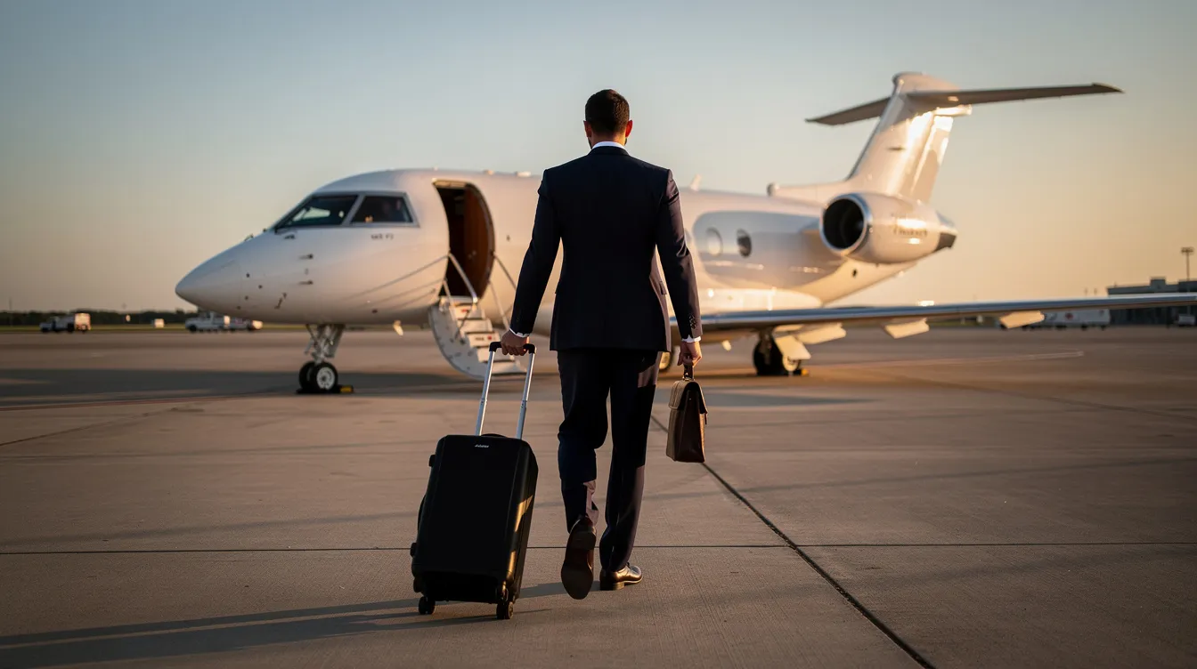 An executive traveler confidently walks toward a private aircraft on a serene airport apron, showcasing the ease and luxury of private jet travel. The scene highlights the convenience of private flights, as the traveler prepares to board a private jet, emphasizing the benefits of private aviation for business executives.