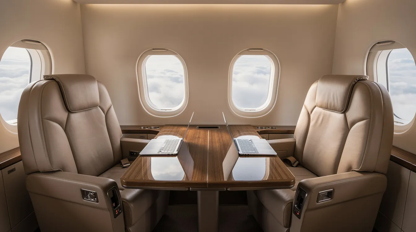 The image depicts a private aircraft cabin designed for productivity, featuring several laptops on sleek tables under soft, neutral lighting. This serene environment is ideal for business travelers seeking comfort and efficiency during private jet travel.