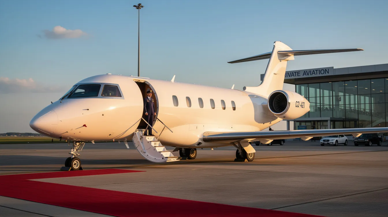 The image showcases a sleek private jet on the tarmac, symbolizing luxury and convenience in private aviation. This aircraft, ideal for discerning travelers, represents the world of private jet charter, offering personalized service and access to smaller airports for a seamless travel experience.