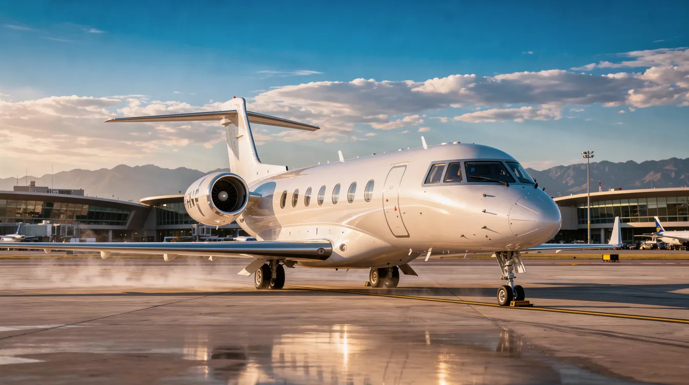 A sleek private jet is parked on the tarmac, showcasing its modern design and luxury features, catering to discerning travelers seeking personalized service in private aviation. This aircraft, ideal for business or leisure trips, offers access to smaller airports and a convenient travel experience for passengers.