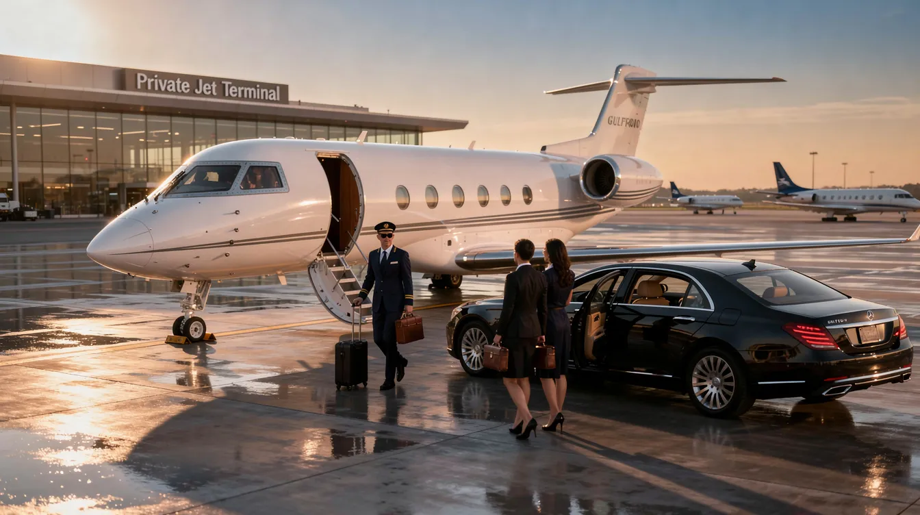 The image depicts a sleek private jet parked at a small airport, showcasing the luxury and convenience of private aviation. With its modern design and spacious cabin, this aircraft is ideal for discerning travelers seeking personalized service and access to a global network of destinations.