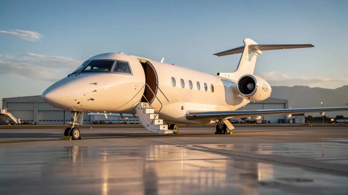The image showcases a sleek private jet parked on a runway, symbolizing luxury and convenience in private aviation. This private aircraft represents the high standards and operational excellence associated with private jet charters, catering to clients seeking reliable and efficient travel options.
